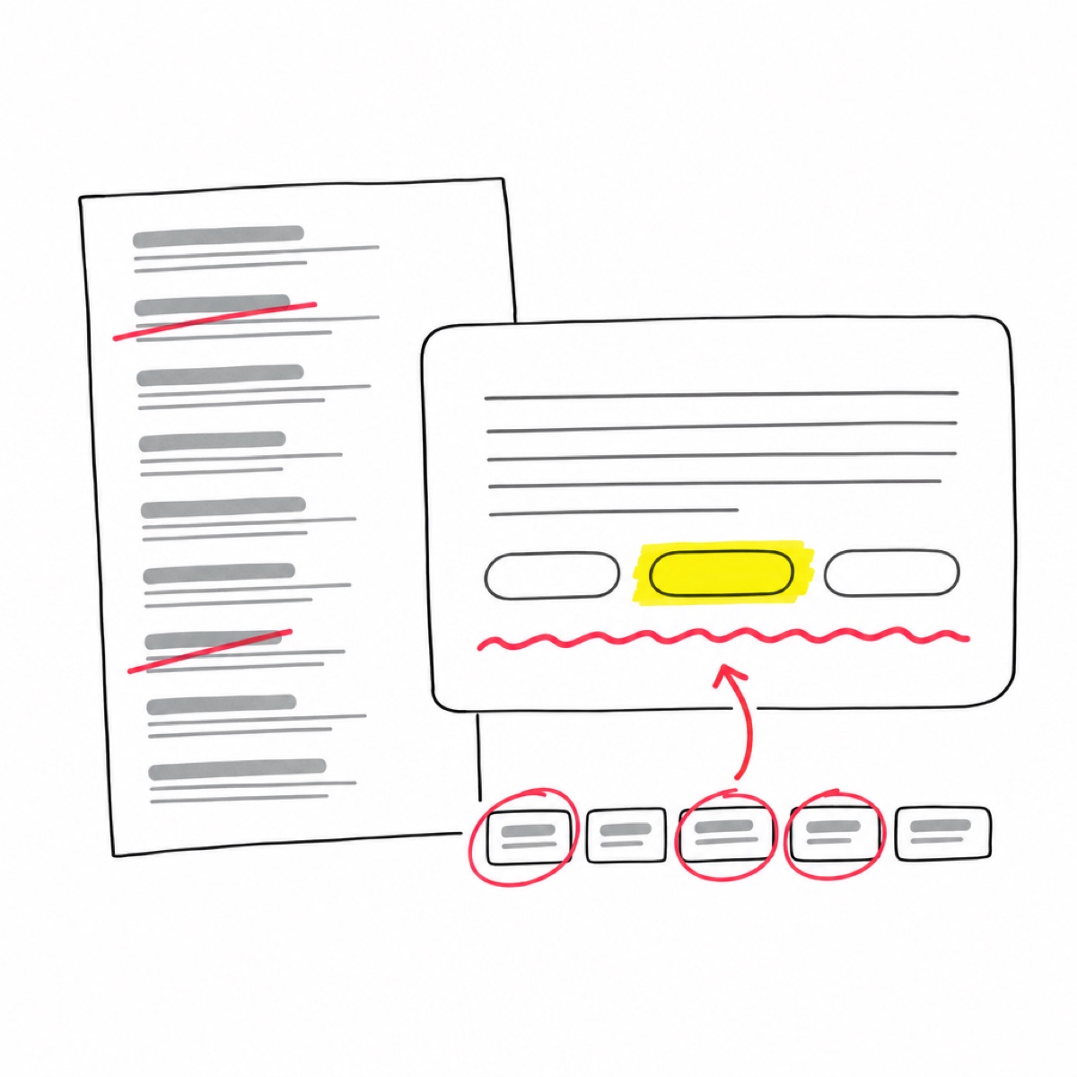 A sketch of a page of ten search results beside one AI answer card; the red pen circles the three sources the answer cites.