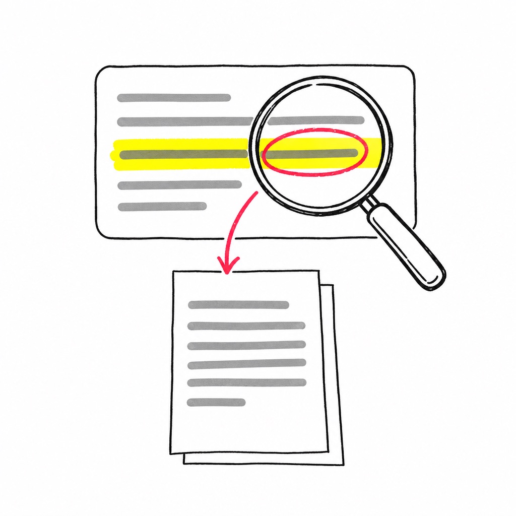 A sketch of a magnifying glass held over a highlighted line in an AI answer, with a red pen ring around it.