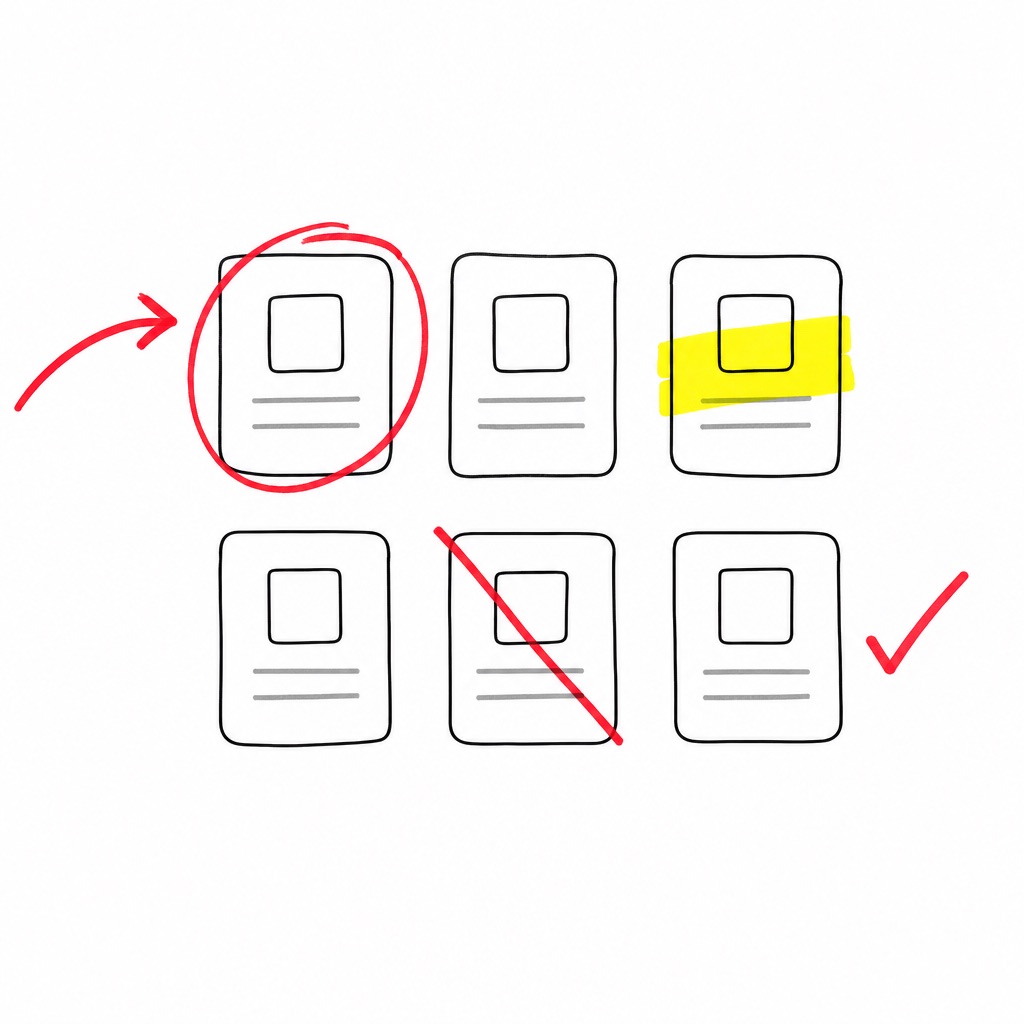 A sketch of six tool cards marked up by an editor: one ringed in red, one highlighted, one ticked and one crossed out.
