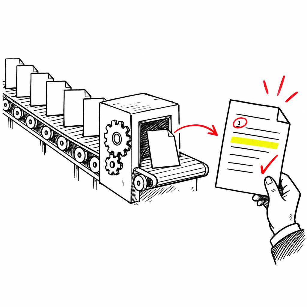 A sketch of identical pages moving along a conveyor through a machine, and one page pulled off the line, ticked in red pen with a yellow highlight.