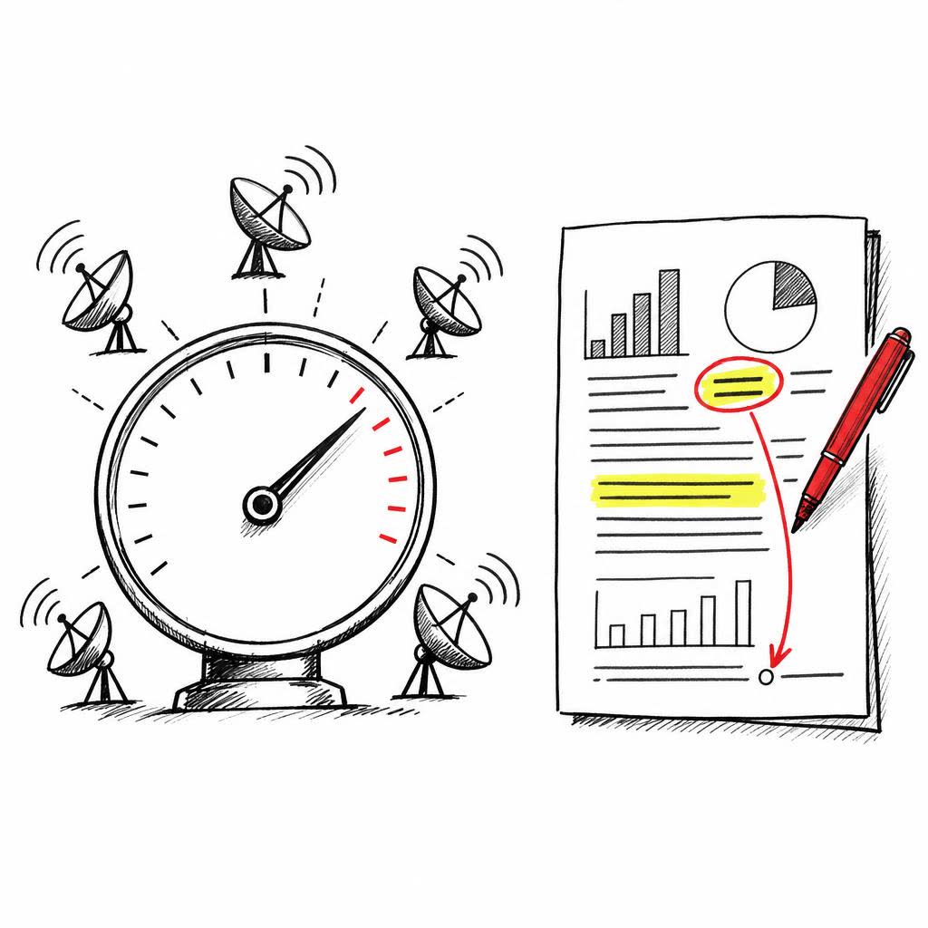 A sketch of a large gauge surrounded by satellite dishes beside a printed page where a red pen traces a highlighted number down to its footnote.