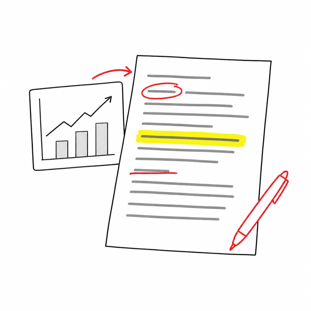 A sketch of a dashboard chart beside a printed page being marked up with a red pen.