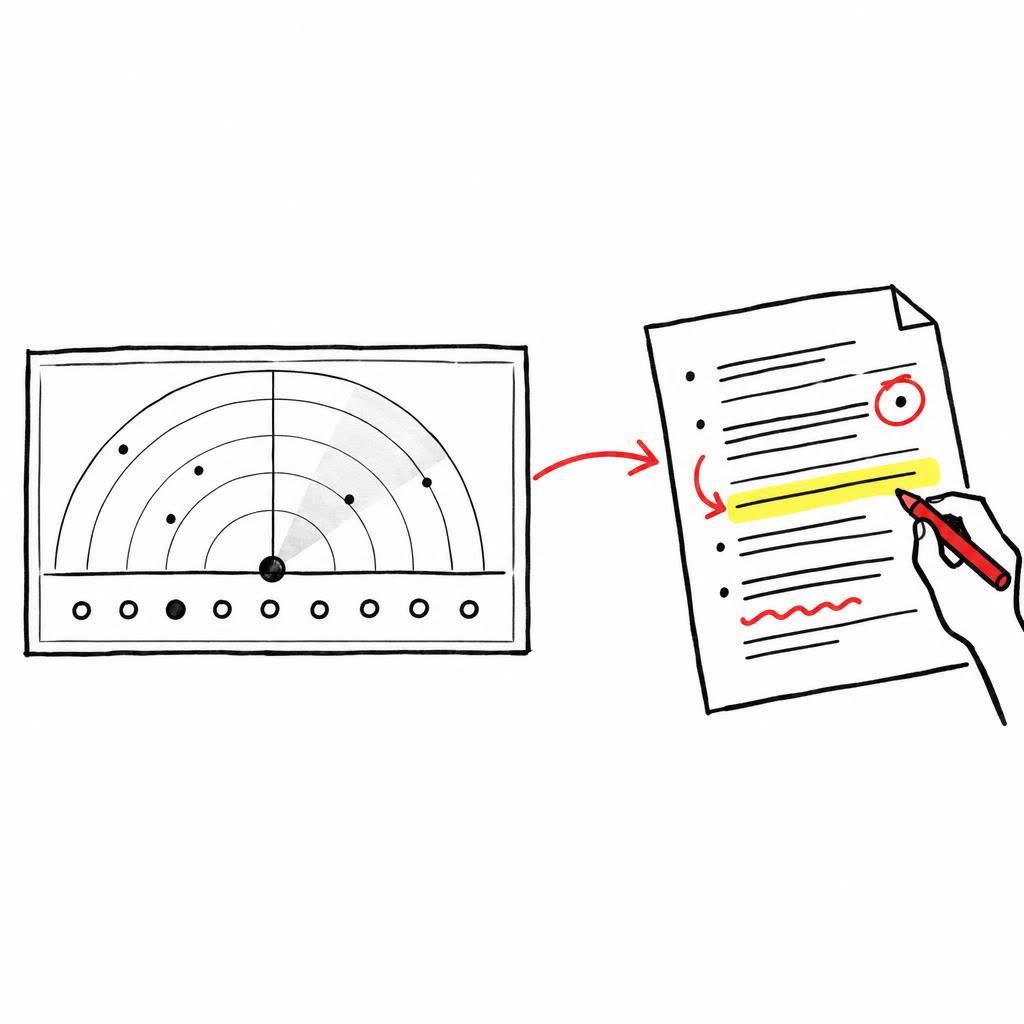 A sketch of a radar-style dashboard with an arrow pointing to a printed page being marked up with a red pen and a yellow highlight.