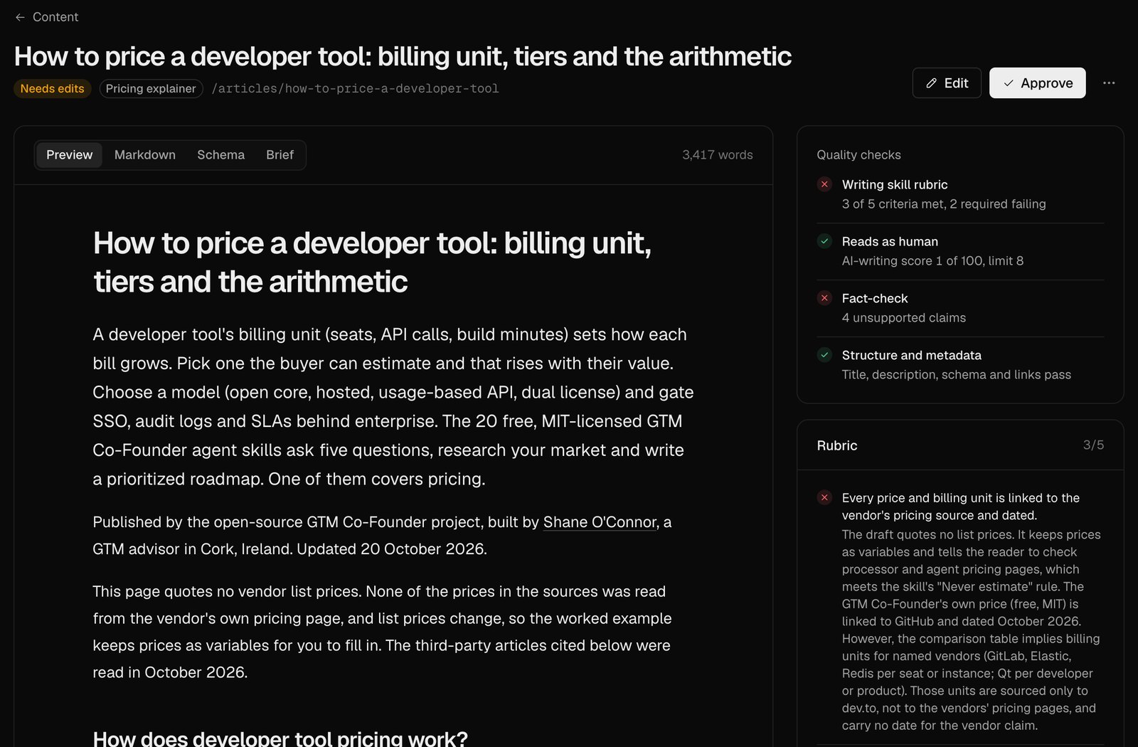 A draft pricing guide in Citeplane with its quality checks